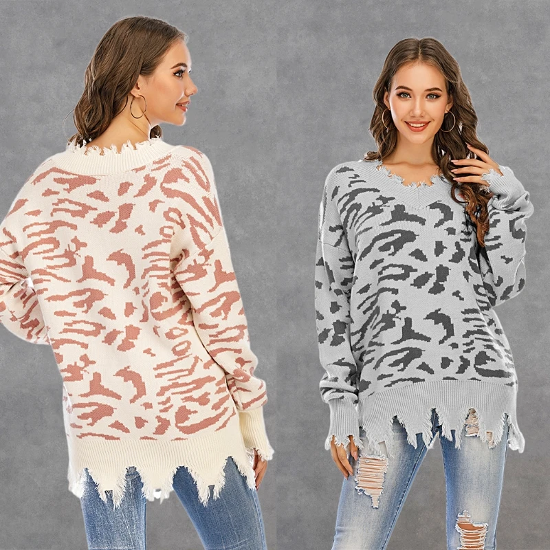 

Women Long Sleeve Tassel Knitted Sweater Sexy V-Neck Leopard Pattern Loose Tops Autumn Winter Pullover Jumper Streetwear