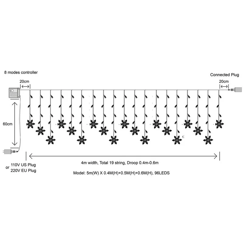 Яркая светодиодная гирлянда-занавеска в виде снежинок Нового года волнистое
