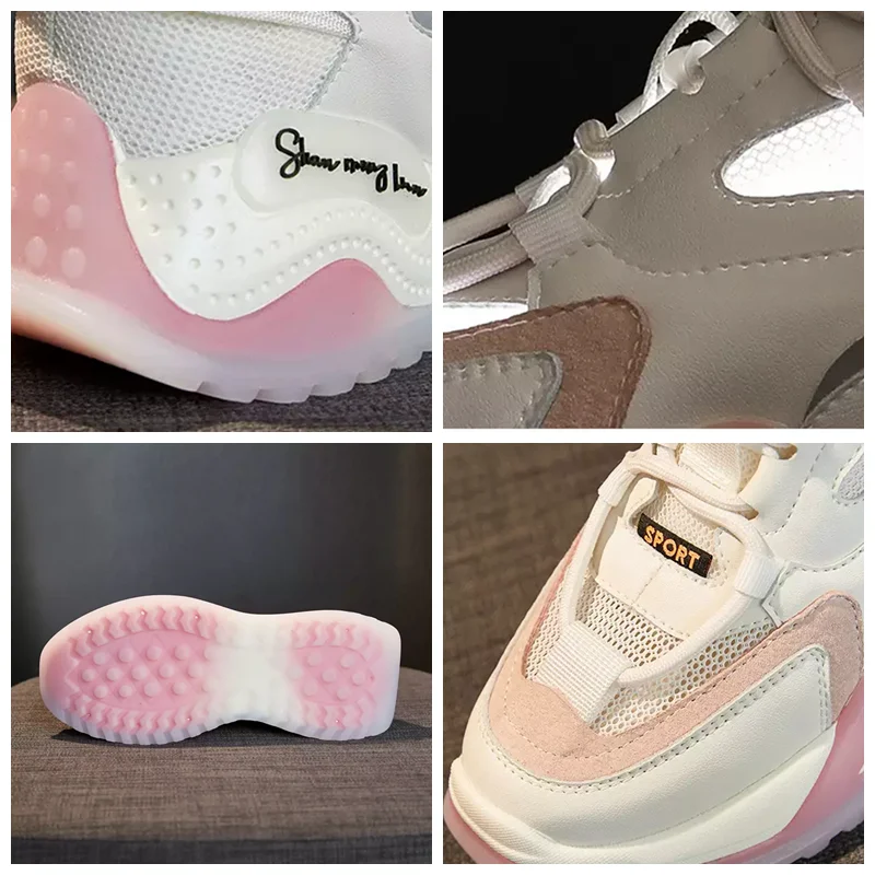 

SIMLOVEYO 2021 Mesh Sneakers Round Toe Lace Up Breathable Platform High Suction Film Bottom Thick Heel Shoes US8 Grey Pink A4417
