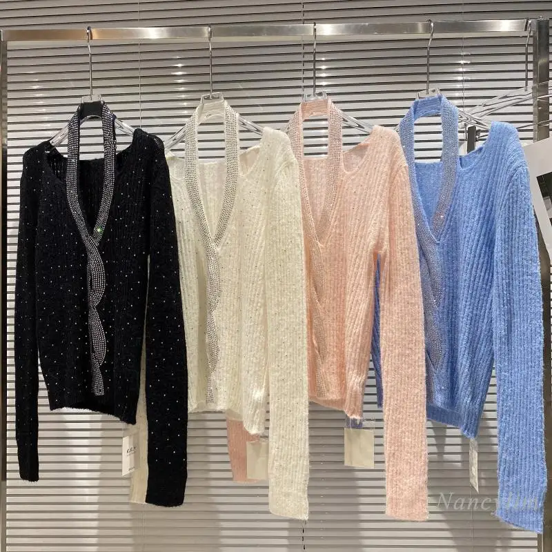 

Женский вязаный свитер Стразы, повседневный Универсальный свитер из эластичной шерсти с завязкой на шее, джемперы для осени, 2021