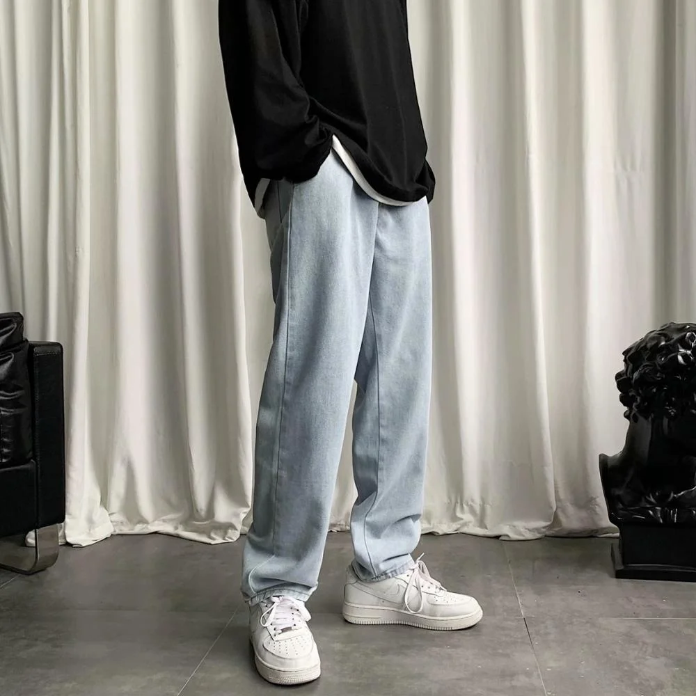 

BXyichen wide-leg jeans men's straight loose ins pants style trend wild retro drape mopping old daddy trousers