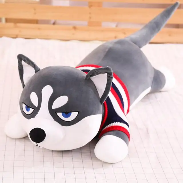 3 New Lovely Funny Dressed Husky Stuffed Doll Stripe Sweater Soft Husky Lying Plush Toy Grey/Black Dog Animals Kids Birthday Gift - Цвет: 3