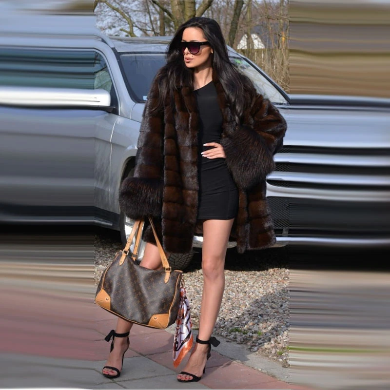 TOPFUR Clearance Price Fashion Real Fur Coats With Raccoon Fur Cuff Women Long Whole Skin Fur Coat Winter Mink Fur Jackets
