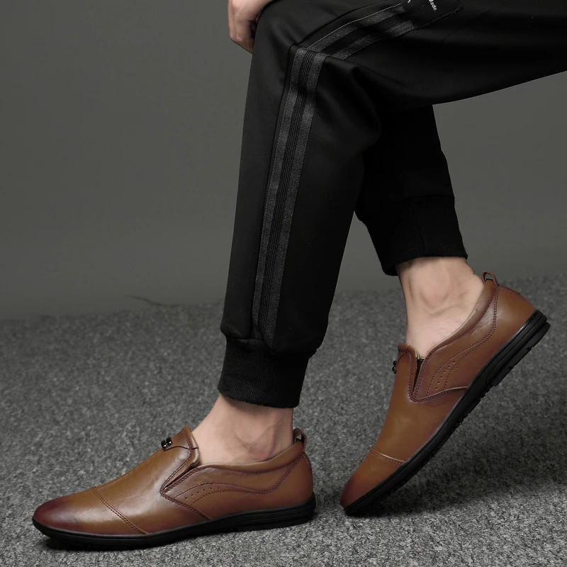 Men Casual Driving Flats Genuine Leather Shoes sping autumn Business fashion Brand | Обувь