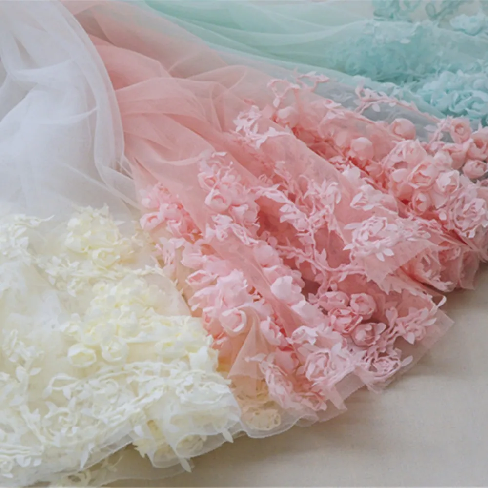 

1 Meter 3D Embroidery Chiffon Flower Lace Fabric Clothes Diy Handmade Wedding Dress Girl Dress Mesh Lace Fabric 65cm Width