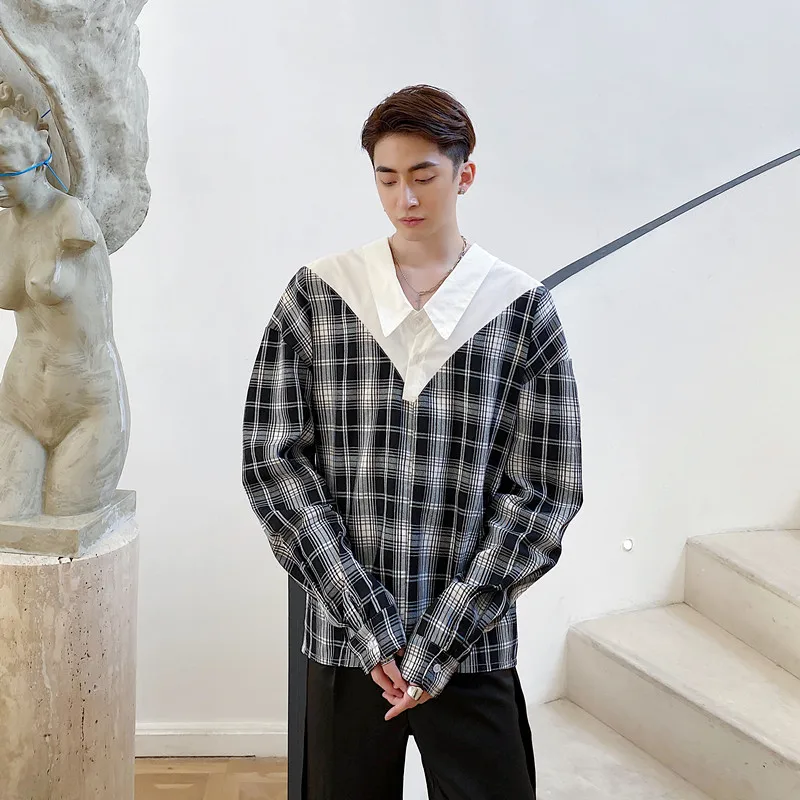 

The New Niche Fashion Design V-Neck Long-Sleeved Plaid Shirt Shirt Stitching Trend Of High-Quality Single-Breasted Men's