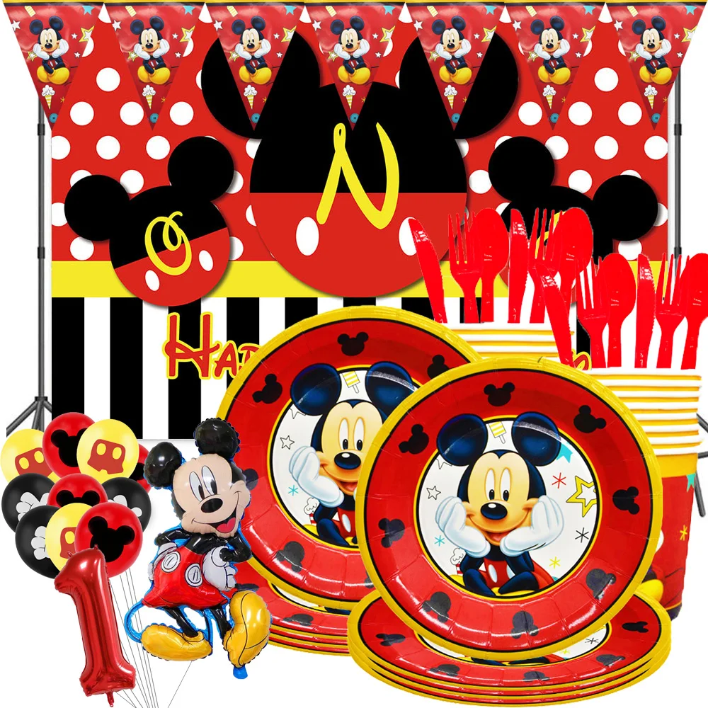 Navidad Mickey Mouse Disposable tableware Set Birthday Party Supplies Home Decor Banner Plates Cups Napkins Balloons Cake Topper