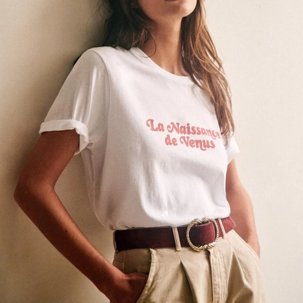 

Женская хлопковая Футболка sunfiz YF, с коротким рукавом, круглым воротником, свободная, белая, с буквенным принтом, винтажная, элегантная, повсе...