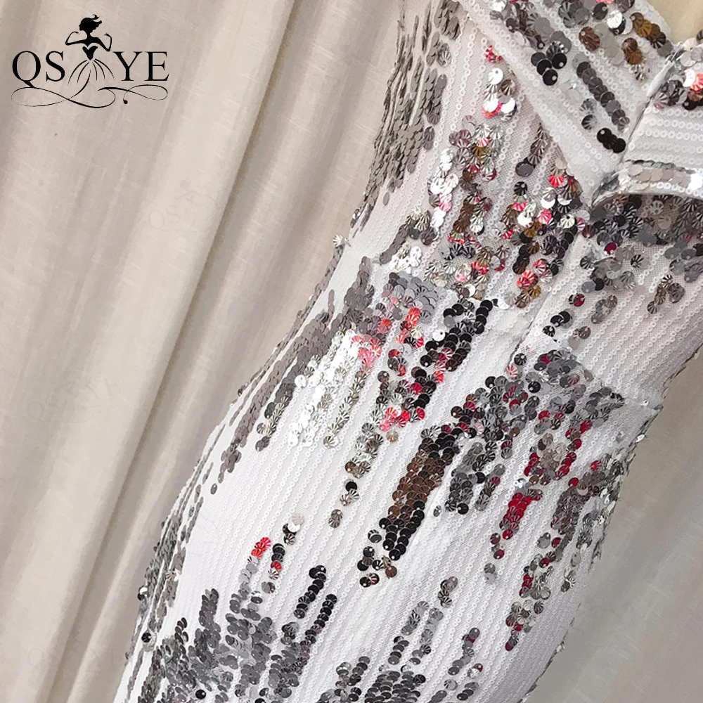 

Silver Sequin Evening Dresses Mermaid Sexy Slit Party Dress Off the Shoulder Side Sleeves Long Formal Dress 2021 Fit Celebrity