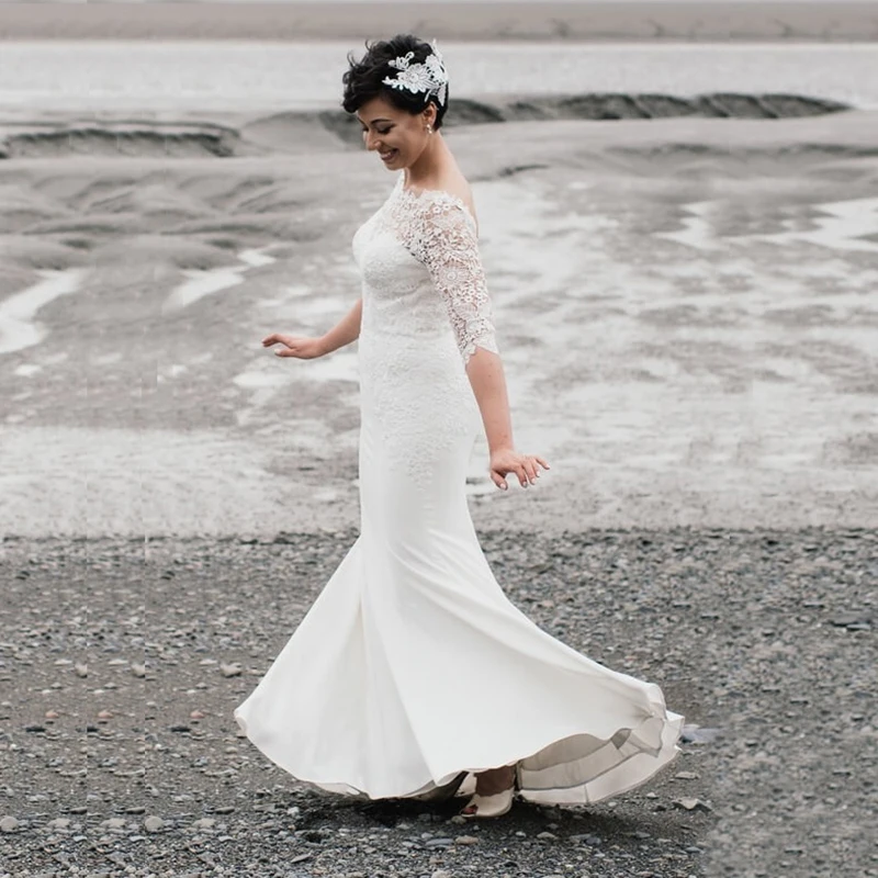 

Beach Mermaid Wedding Dresses 3/4 Sleeves Lace Applique Floor Length Open Back Bridal Gowns Bateau Trumpet Summer Bride Robe New