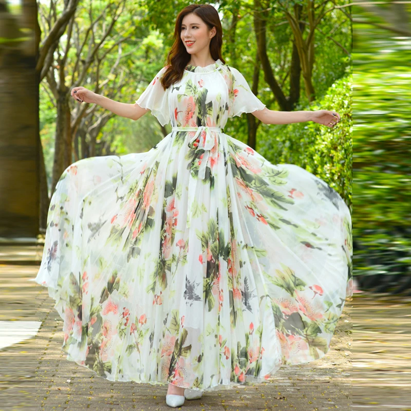 Женское шифоновое платье в стиле хиппи винтажное белое с цветочным принтом