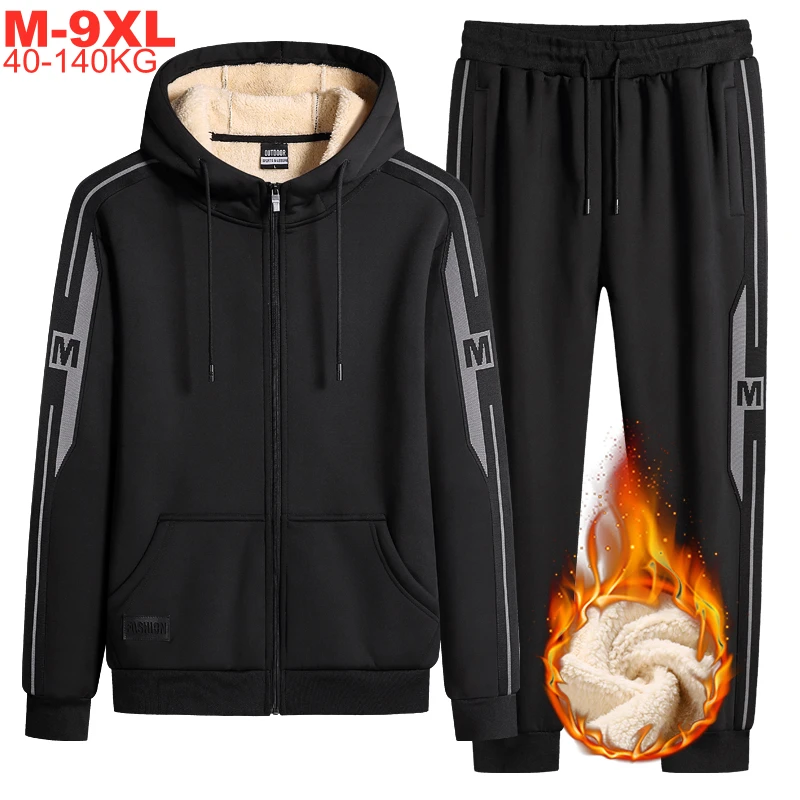 8xl 9xl Plus Size 7xl Men's Winter Sportwear Warm 2pcs Suits Male Hooded Jacket Sweatpants Sets Orversized Fleece Men Tracksuit