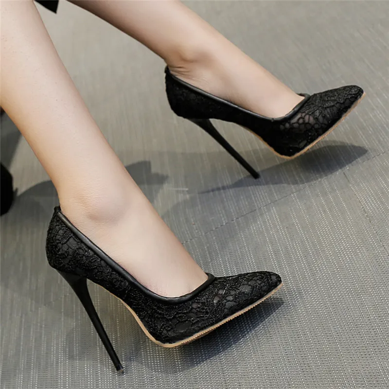

High Heels Shoes Women Stiletto Heel Pointed toe Pumps Ladies Lace Wedding Party Evening Shoes Black White Plus Size 43 44 45 46