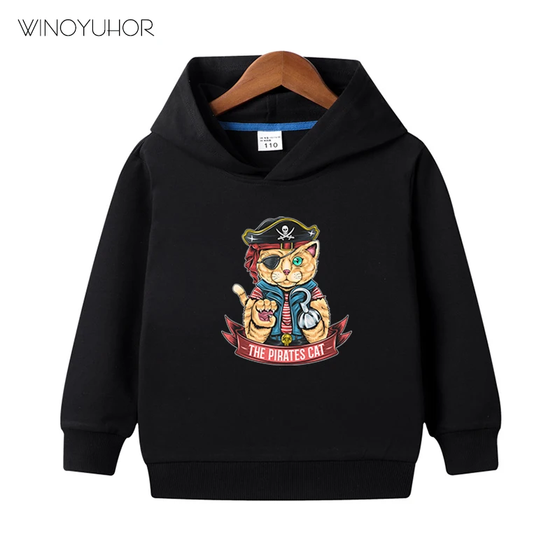 Sudadera con capucha con estampado de gato pirata para ni&ntilde;o y ni&ntilde;a, jerseys de manga larga de algod&oacute;n, ropa de calle fresca, ropa de Hip Hop para oto&ntilde;o-0