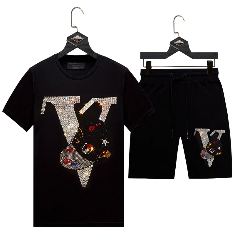 

2021 Men Clothes Sportswear Letter Rhinestones Summer Suit Fitness Mens Track Suit Set 2 Pieces Casual Jogger Sets Plus Size 6XL
