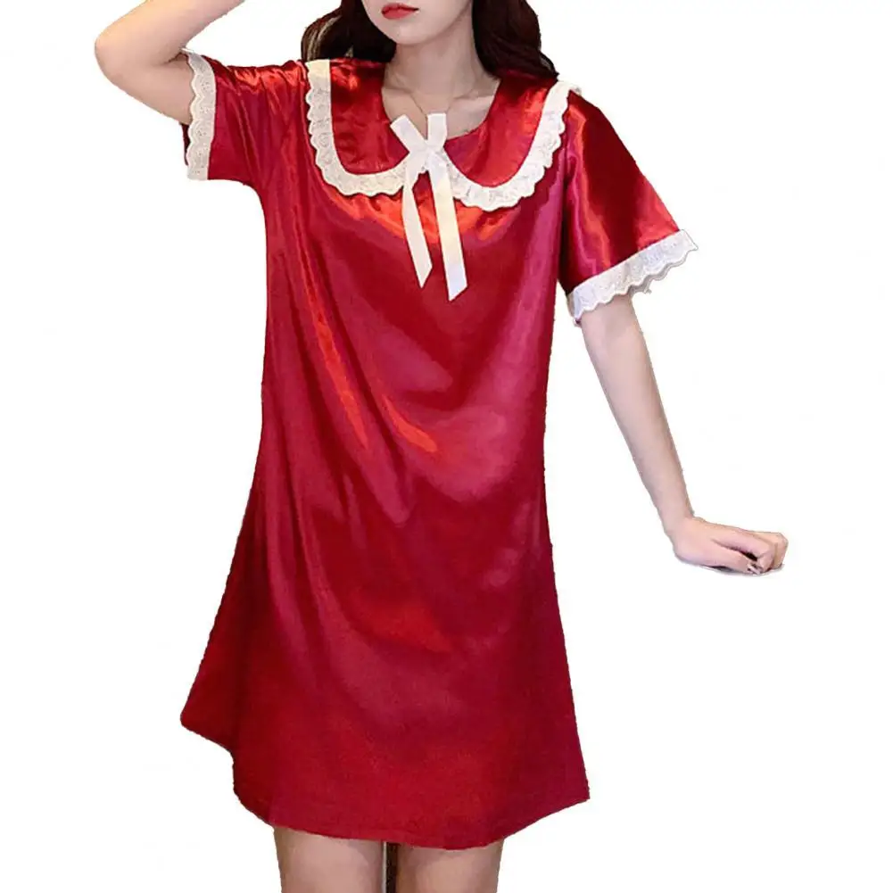 

Women Sundress Turn-down Collar Solid Color Polyester Short Sleeve Nightdress Homewear for Summer
