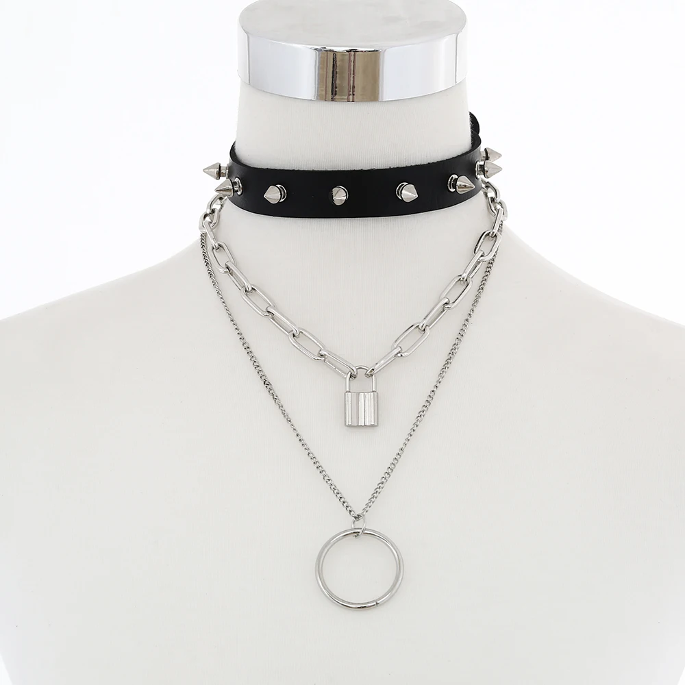 

Layered padlock chain necklace women/men punk rock goth spike choker collar lock pendant necklace black emo accessory jewelry