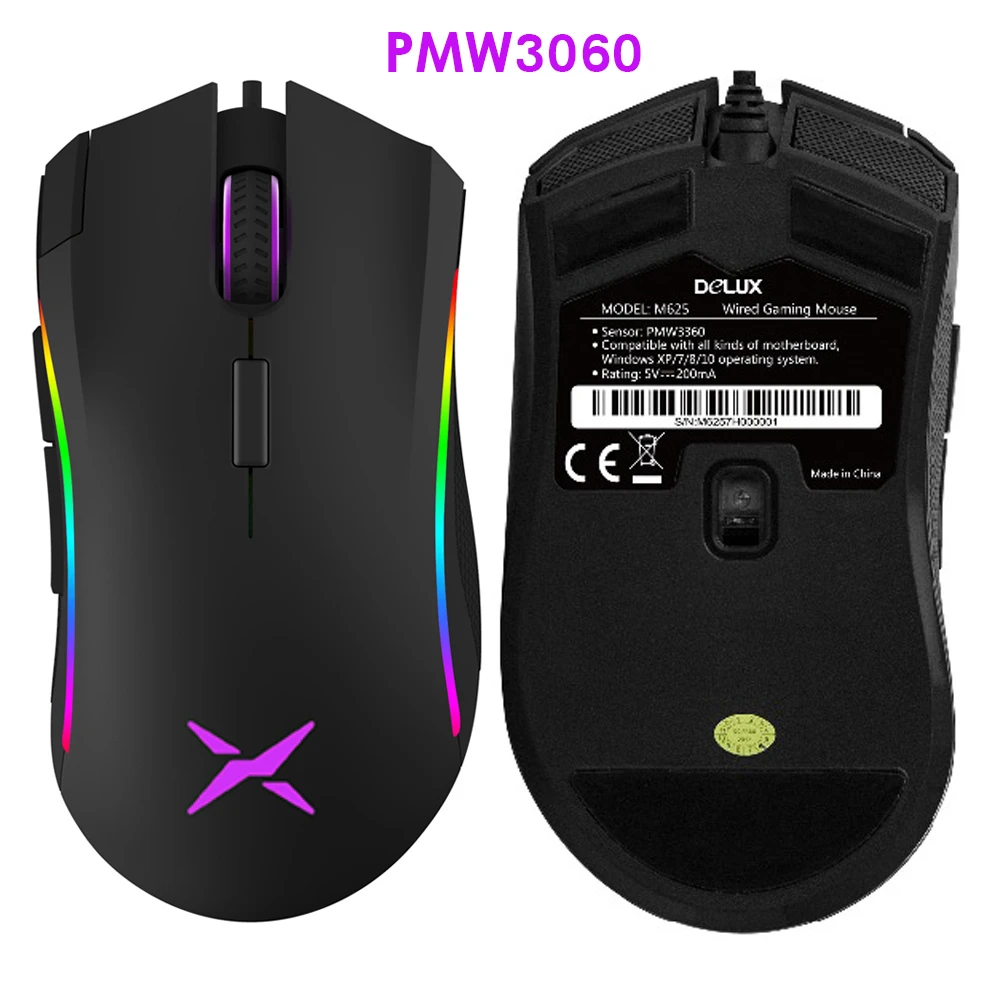 Delux PMW3360 Mouse Проводная игровая мышь Delux M625, оптическая мышь для геймера, 7D, компьютерная мышь Mause, макс. до 12000 dpi, игровые мыши с RGB подсветкой для ПК - Цвет: Delux PMW3360 Mouse