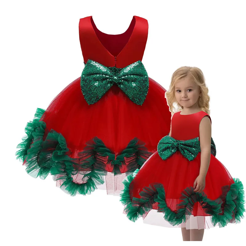Kids Christmas Party Dress For Girl Lace Bow Ball Gown Chidlren Green Red New Year Costumes Santa Claus Print Theme | Детская одежда и