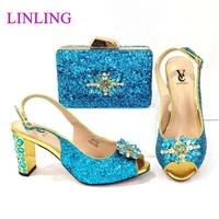 italian design 2021 african newest ladies shoes and bag set with special narrow band and cross tied in sky blue color for party