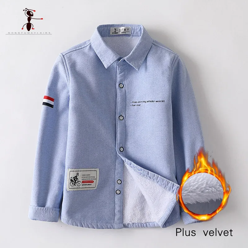 Оригинальная осенне зимняя теплая плюшевая рубашка для мальчиков с вышивкой от