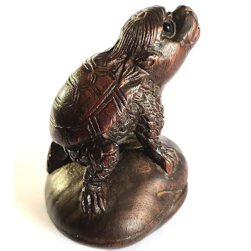 

Y7322 - Collectible 20 Years Old 2" Hand Carved Ebony Ironwood Netsuke - Kappa on Shell