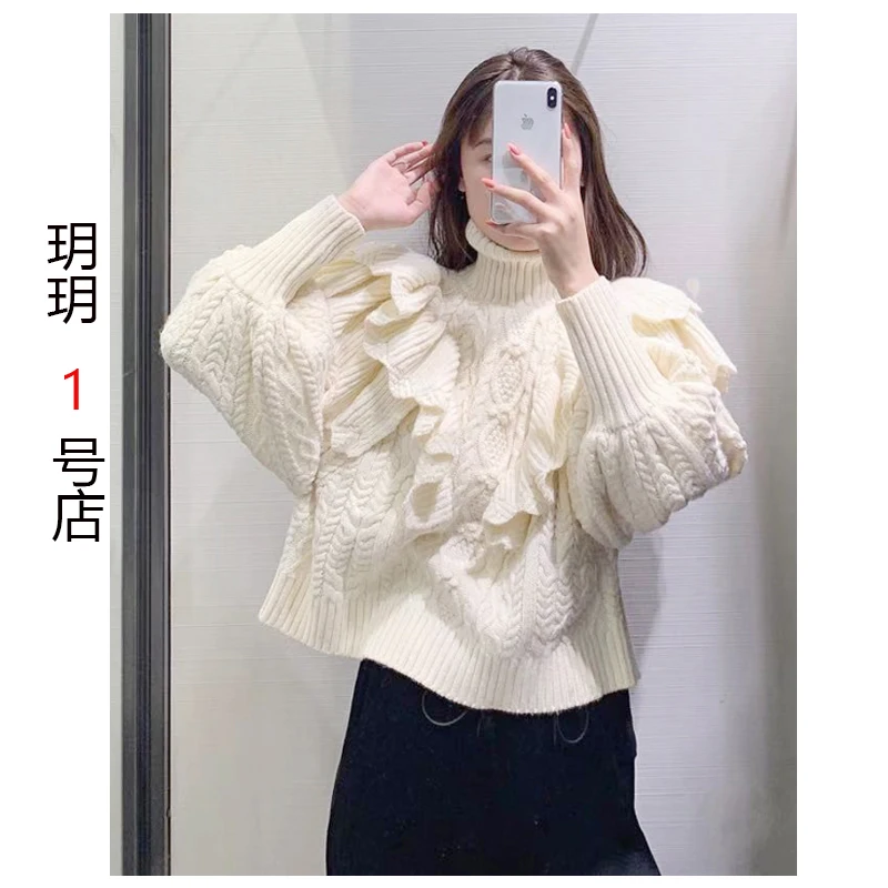 

Turtleneck Splice Flounce Knitted Sweater Loose Lantern Sleeve Solid Color Twist Knitwear Pullover Sweaters 2021 Spring Clothing