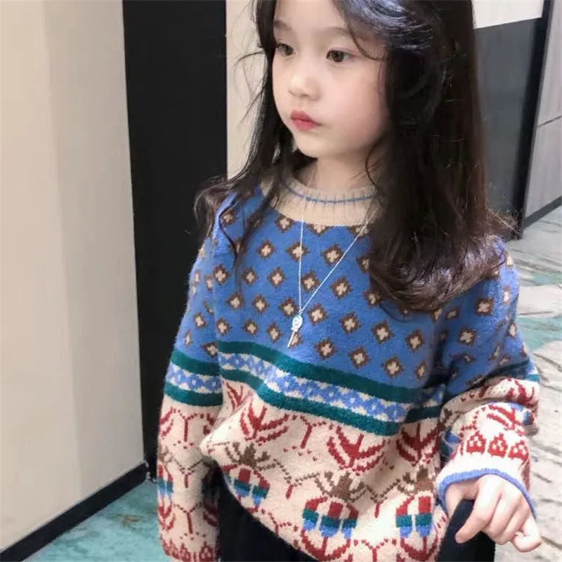 

New Baby Girl Casual Sweater Children's Knitted Woolen Autumn/Winter Kids Cute Hedging Vintage Jacquard Warm Thicken Pullover