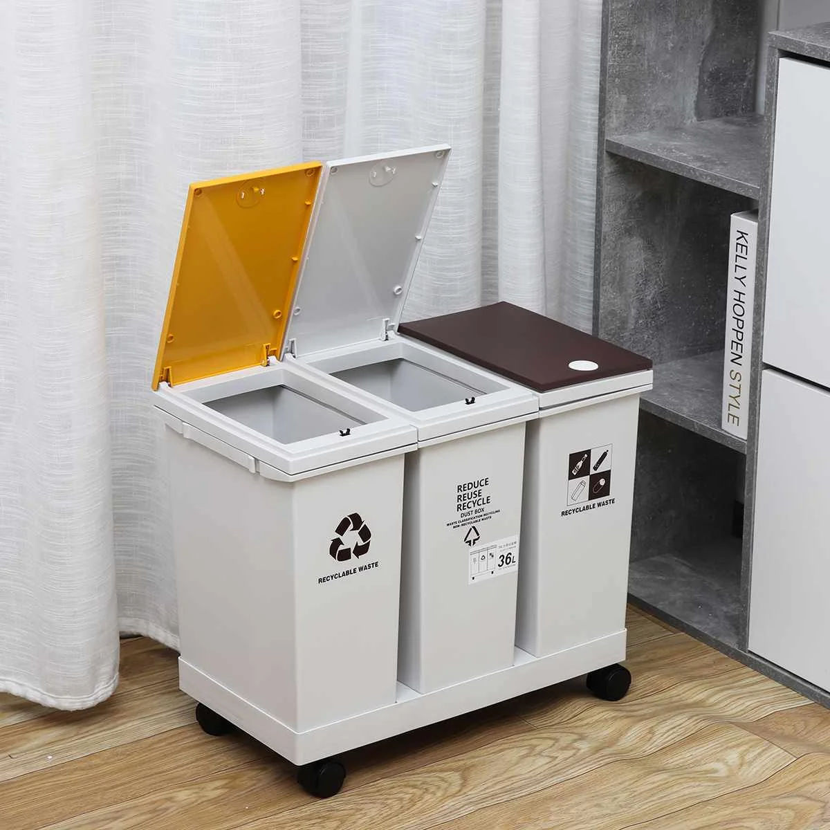 Kitchen Sorting Push-Button Waste Bin Corner Garbage Bucket Floor Standing Wet Dry Sorted Trash Can With Wheels 24/36L | Дом и сад