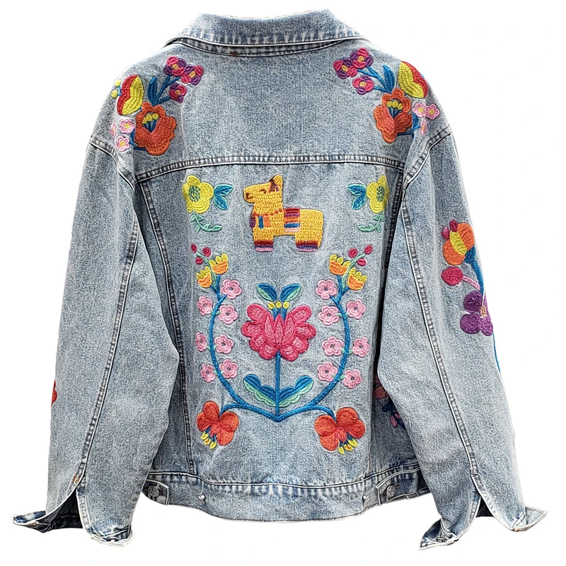 

SeeBeautiful New Fashion Spring 2021 Embroidery Lapel Long Sleeve Pockets Loose Cowboy Jacket Denim Coat Women W439