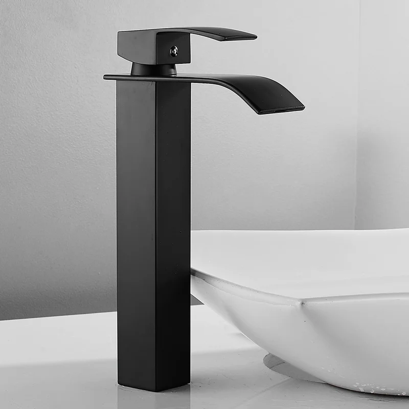 

High waterfall faucet, bathroom faucet, black faucet with hot and cold flow, spray stainless steel body, zinc alloy handle
