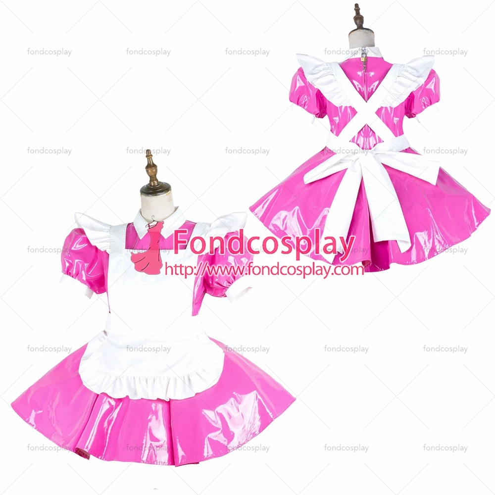 

fondcosplay adult sexy cross dressing sissy maid short hot pink heavy pvc dress lockable Uniform white apron Tailor-made[G2138]