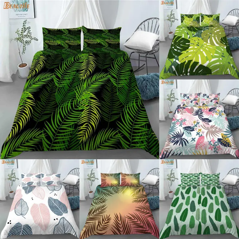 Juego de ropa de cama con estampado de hojas de palmera, edred&oacute;n de 3 piezas con dise&ntilde;o sin costuras, funda de almohada, Textiles para el hogar, 1009-0