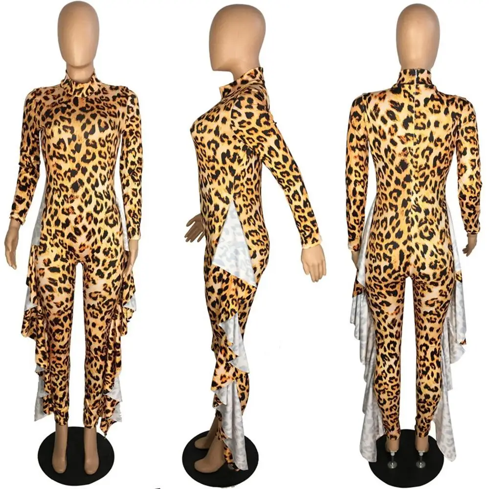 Женский комбинезон с леопардовым принтом и оборками повседневный Облегающий