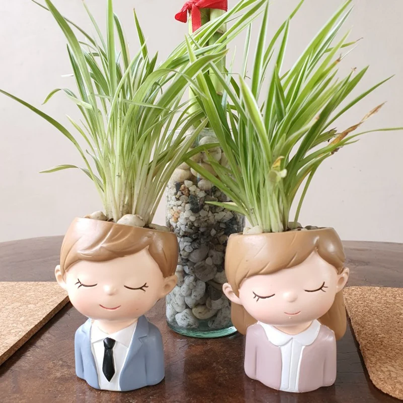 

2 Piece Resin Succulent Container Flowerpot Home Photo Props Ornament Cute Cartoon Girl Couple