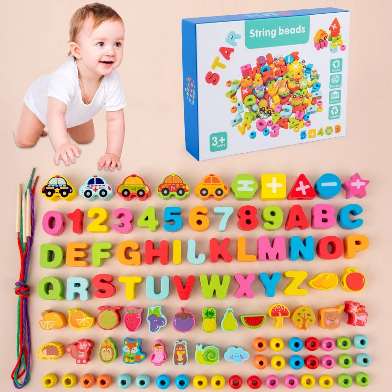 

100pcs Children's Wooden Cartoon Digital Animal Cognitive Stringing Threading Beads Game Building Block Early Education Toy Gift
