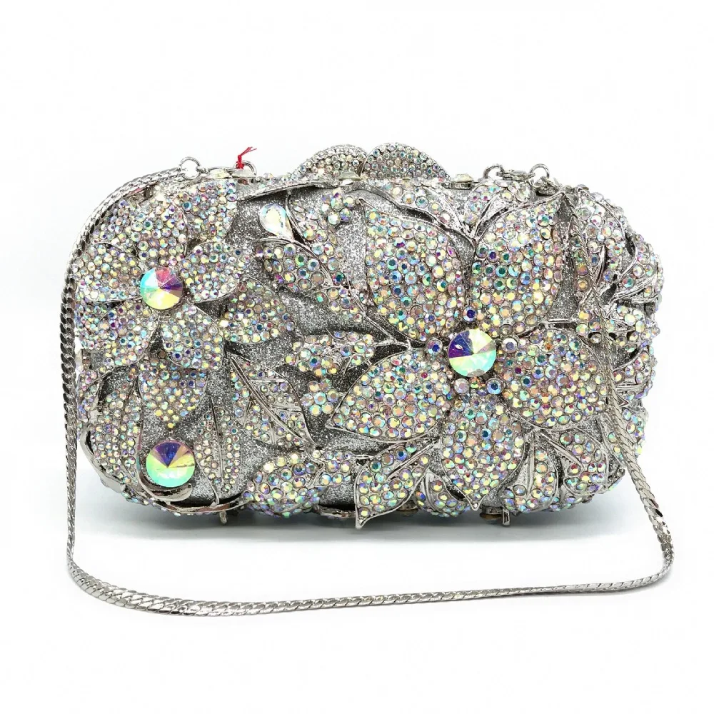 

XIYUAN Hollow Out Women Silver Color Crystal Clutch Evening Bag Diamond Metal Minaudiere Handbags Wedding Cocktail Dinner Purses