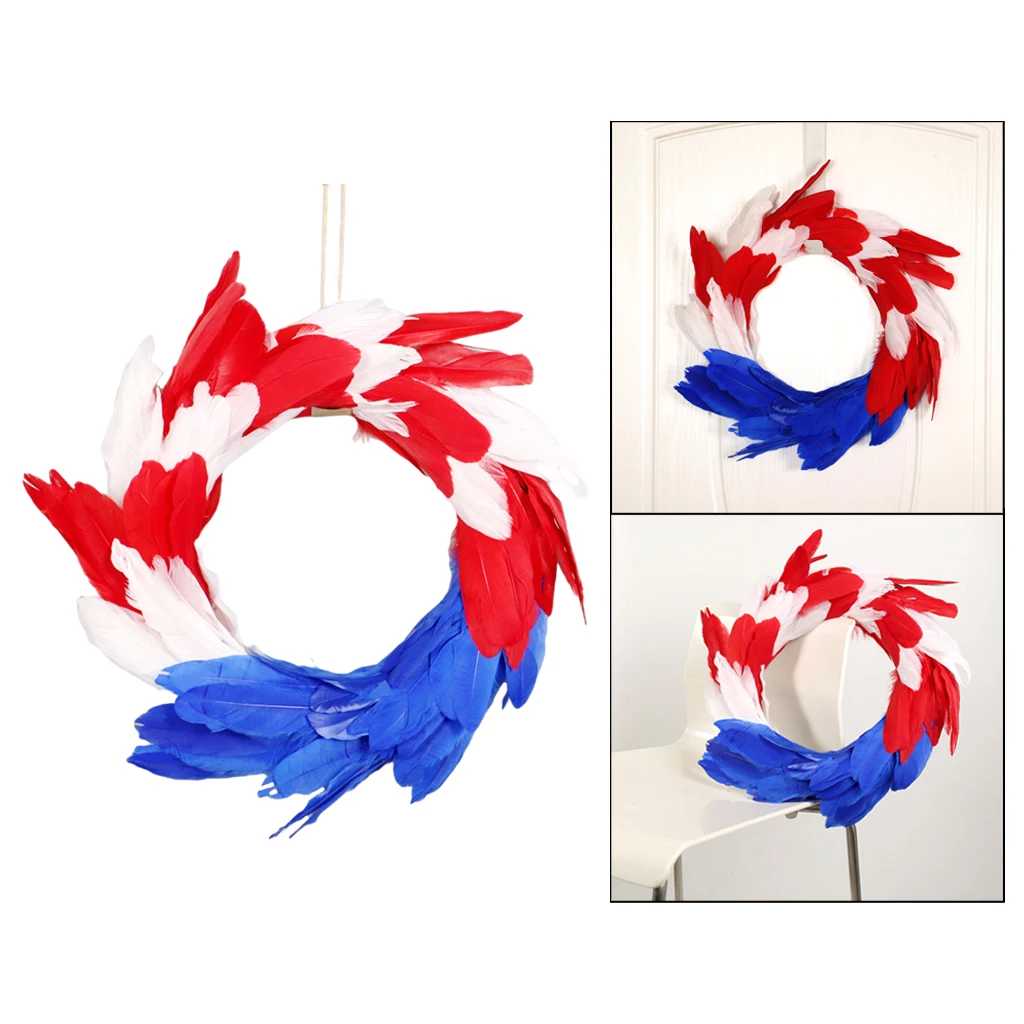 

17.7in American Flag Wreath Round Feathers Memorial Day Window Hanging Decor