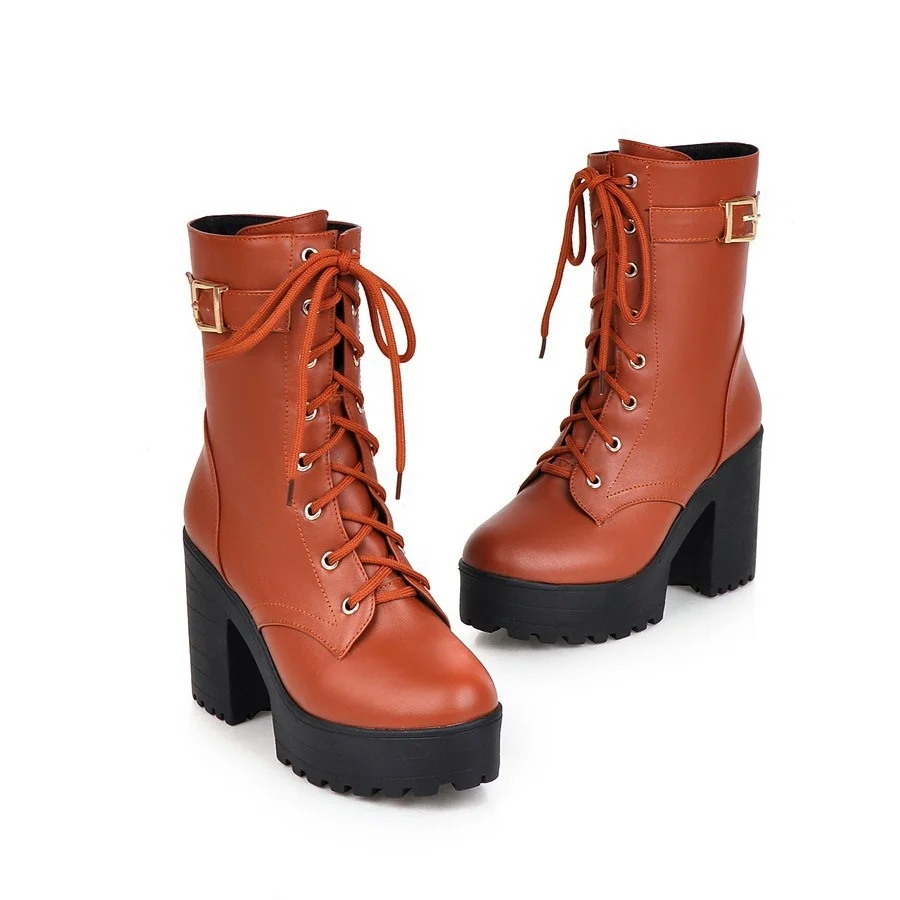 

Lace-up High-heel Platform Martin Female Boats Waterproof Platform Women's Leather Boots Autumn And Winter Plus Size 43
