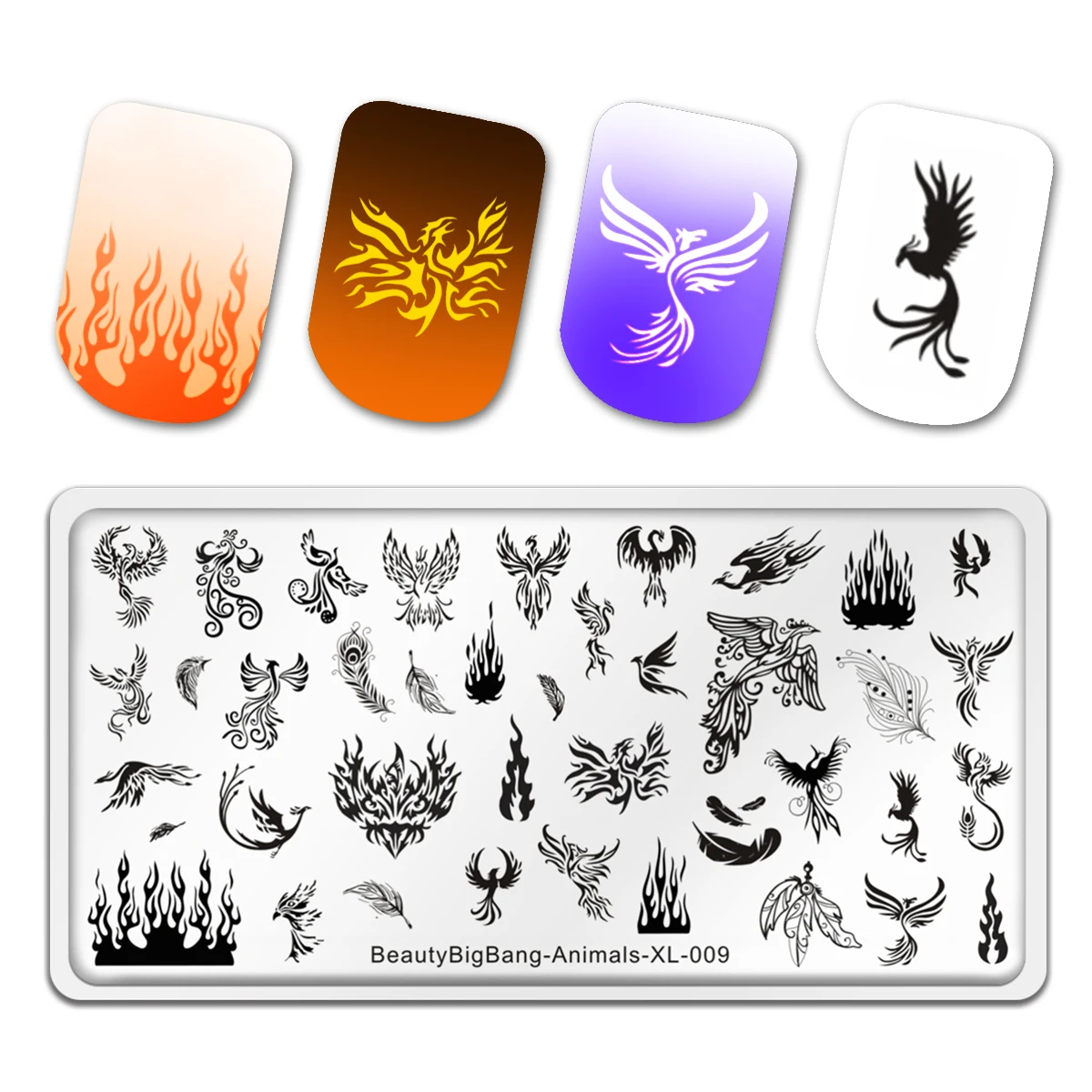 

Beautybigbang Nail Stamping Plate Animal Style Phoenix Image Fire Birds Peacock Stainless Steel Nail Art Template Stencil Tool