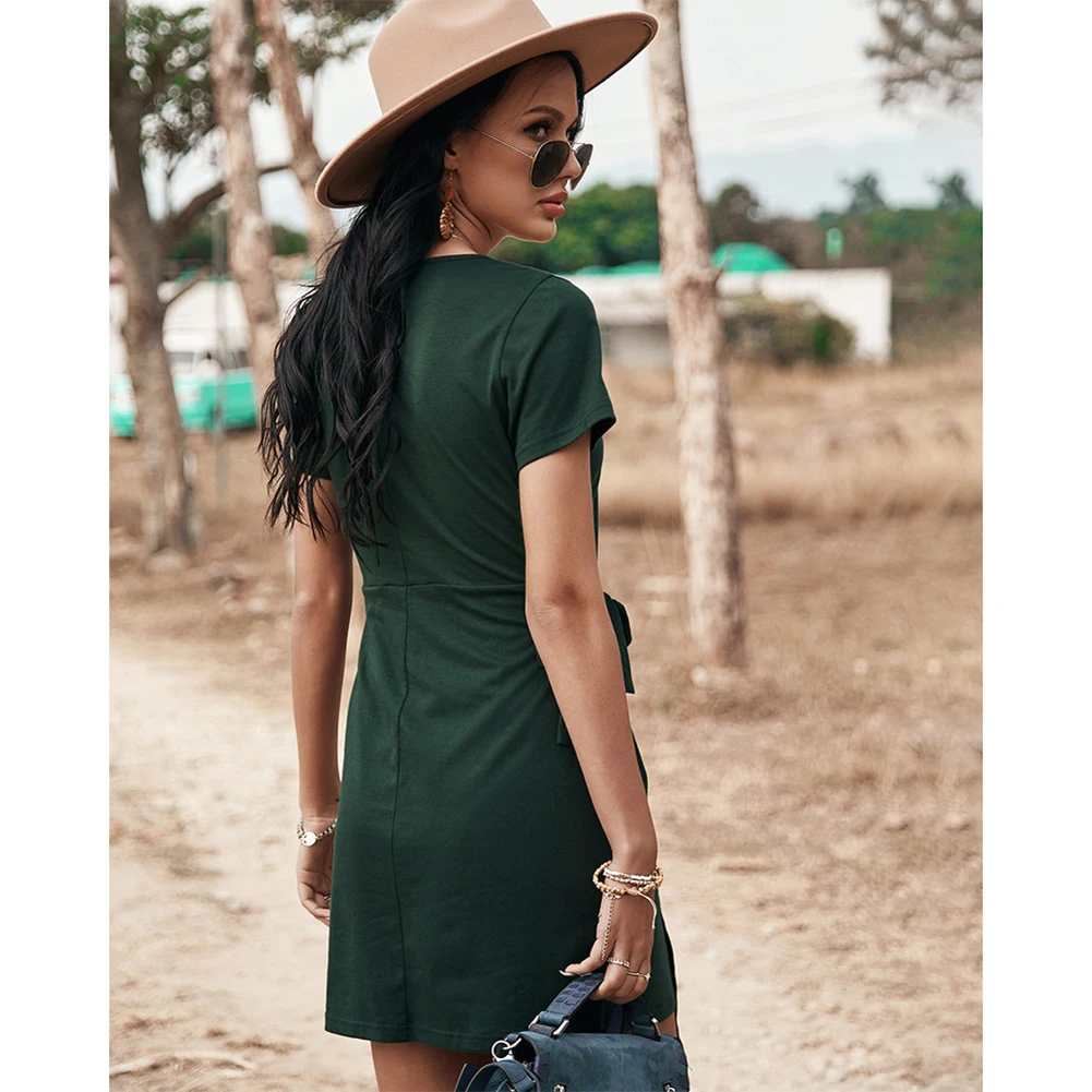 

Women's Crewneck Belted Dress Short Sleeve Slim Dress Waist Drawstring Design Solid Color LXH