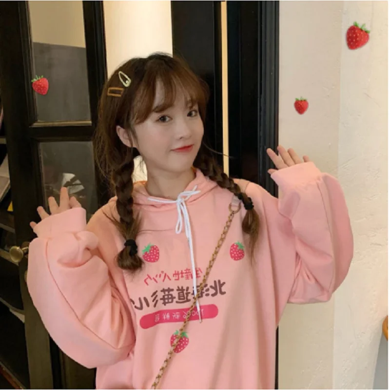 

ZOGAA Harajuku в стиле Каваий; Пояс с клубникой молока Графический Толстовка женская уличная зимняя куртка размера плюс свободная тонкая Толстовк...