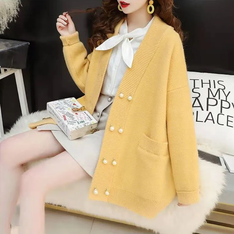 

Women Knitted Cardigans With Button 2020 Autumn Fashion Pink Long Sleeve V-neck Cardigan Sweaters Female Knitwear Outwear Coat