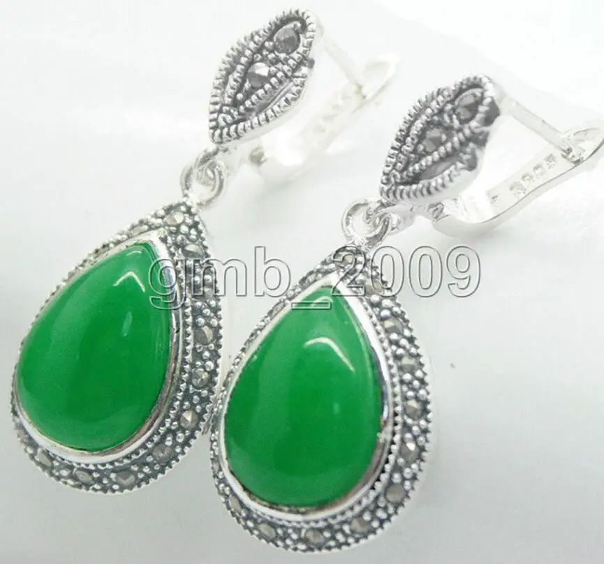 

Hot Sell FASHION WOMEN'S NATURAL Green jade Quartzite stone MARCASITE 925 STERLING SILVER DROP EARRINGS