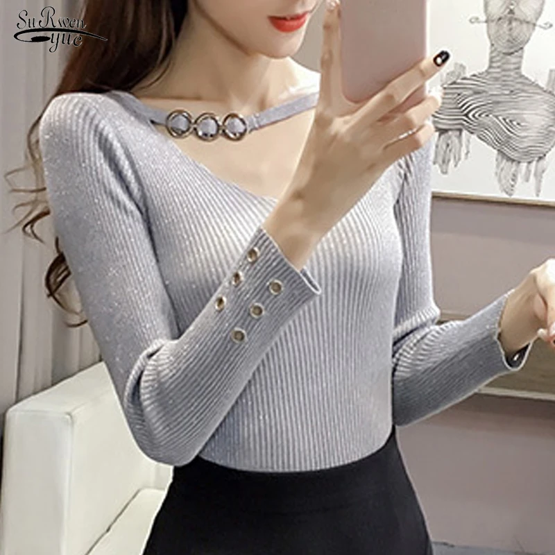 

Autumn Long Sleeve Knitted Sweater Elegant Gentle Solid Women Sweater Thin Korean Pullover Winter Slim Office Lady Clothes 16624