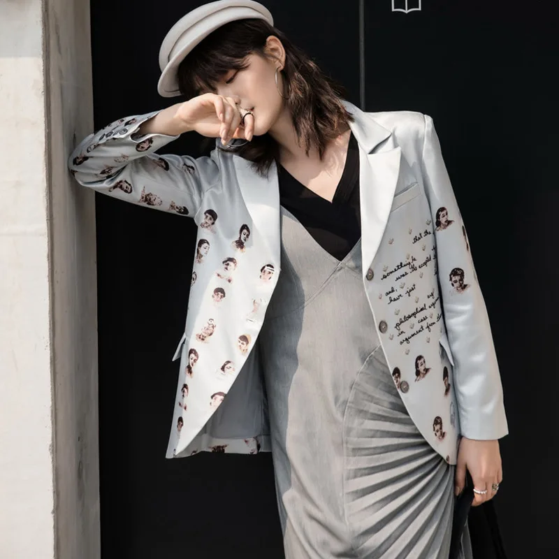 

Женский Повседневный Блейзер на пуговицах, серый Тонкий Блейзер с принтом букв, осень 2021