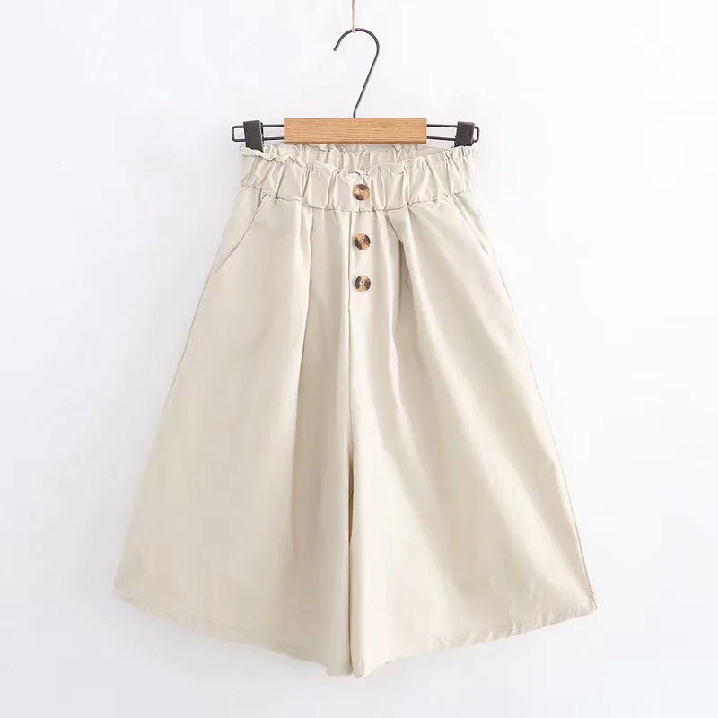 

2021 Button Front School Women Wide Leg Shorts Skirts Korean Style Casual Loose Solid Elastic Waist Streetwear Flare Short Pants