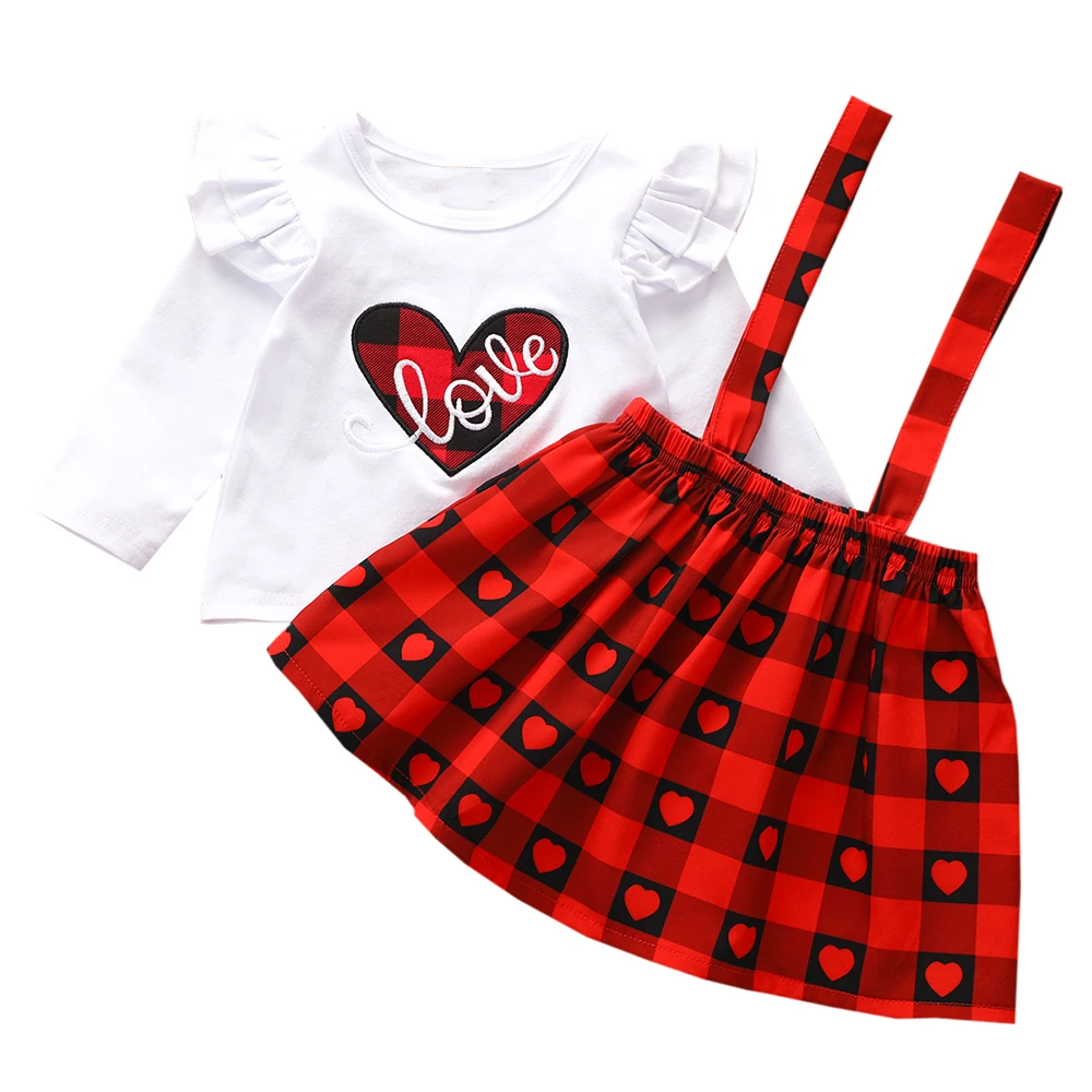 OEAK Toddler Kids Baby Girls Valentine's Day Heart Tops Plaid Skirts Outfits Clothes Long Sleeve Summer Clothing Sets | Мать и