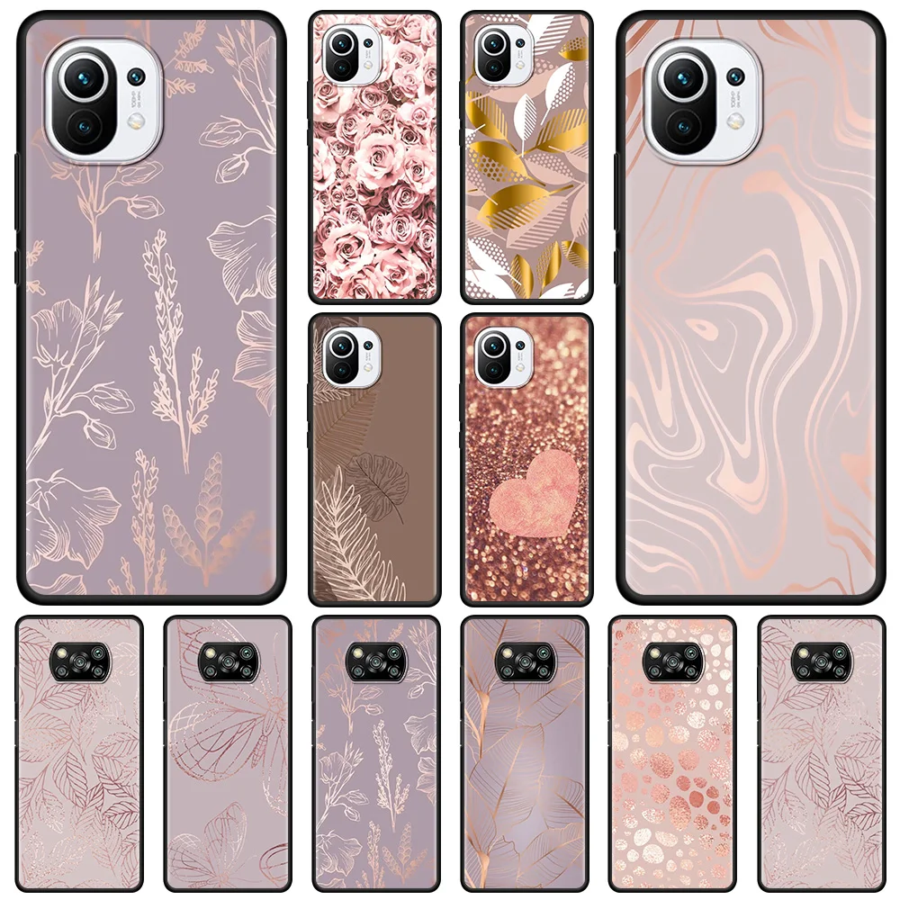 

Phone Case For Xiaomi 11 11X 10T 9T 10 8 Lite Ultra Pro for mi 11i 10S 9 SE Black Soft Bumper Fundas Capa Rose Pink Bling