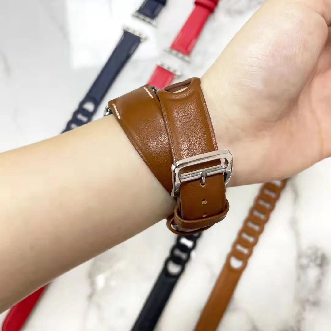 Двойной кожаный ремешок Gourmette для Apple Watch 7 band 45 мм/41 мм браслет из корреи 42/38 iwatch series